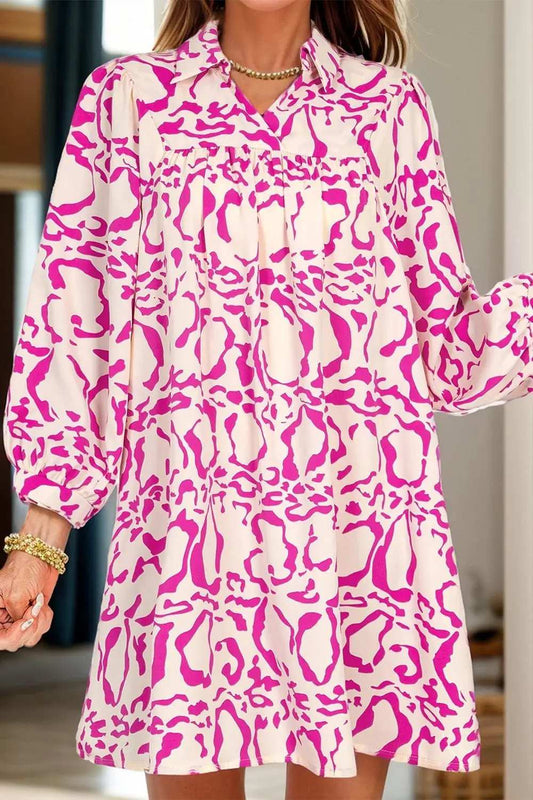 Printed Johnny Collar Long Sleeve Mini Dress - Trendsi - Flyclothing LLC