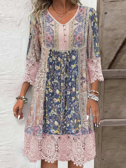 Full Size Lace Detail Printed Three-Quarter Sleeve Dress - Trendsi - Flyclothing LLC