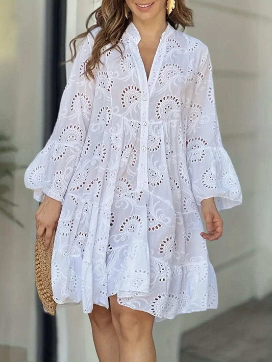 Ruffle Hem Eyelet Notched Long Sleeve Dress - Trendsi - Flyclothing LLC