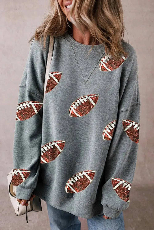 Sequin Football Round Neck Long Sleeve Sweatshirt - Trendsi - Flyclothing LLC