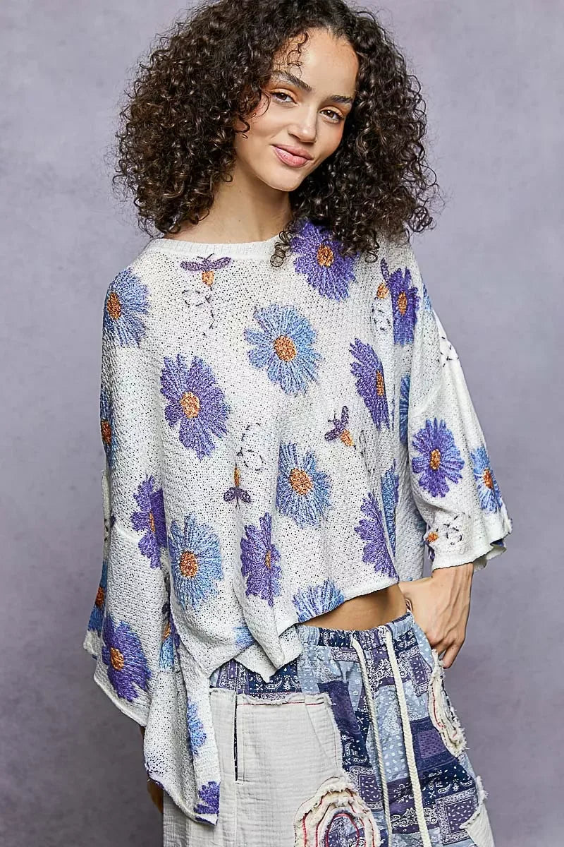POL Floral Round Neck Rolling Edge Sweater - Trendsi - Flyclothing LLC