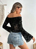 Off-Shoulder Flare Sleeve Lace Top - Trendsi - Flyclothing LLC