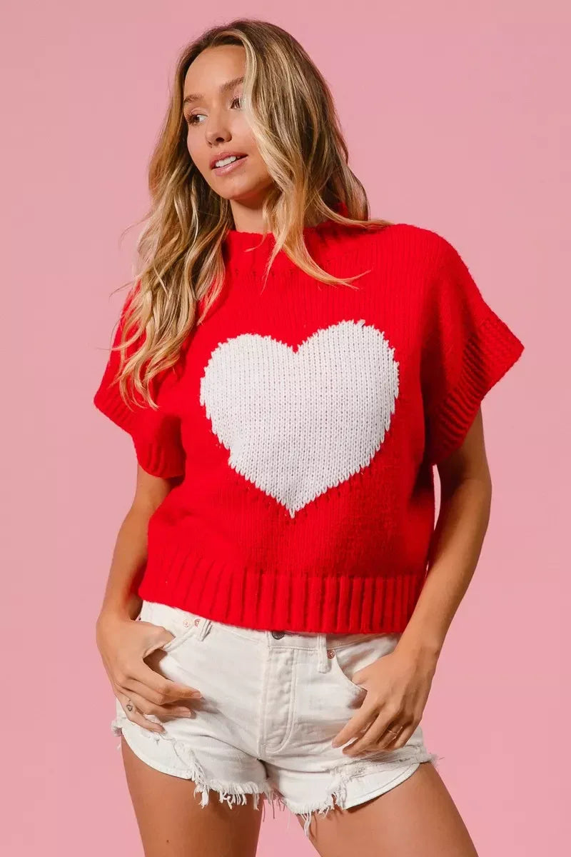 BiBi Rib Banded Heart Pattern Valentines Sweater - Trendsi - Flyclothing LLC