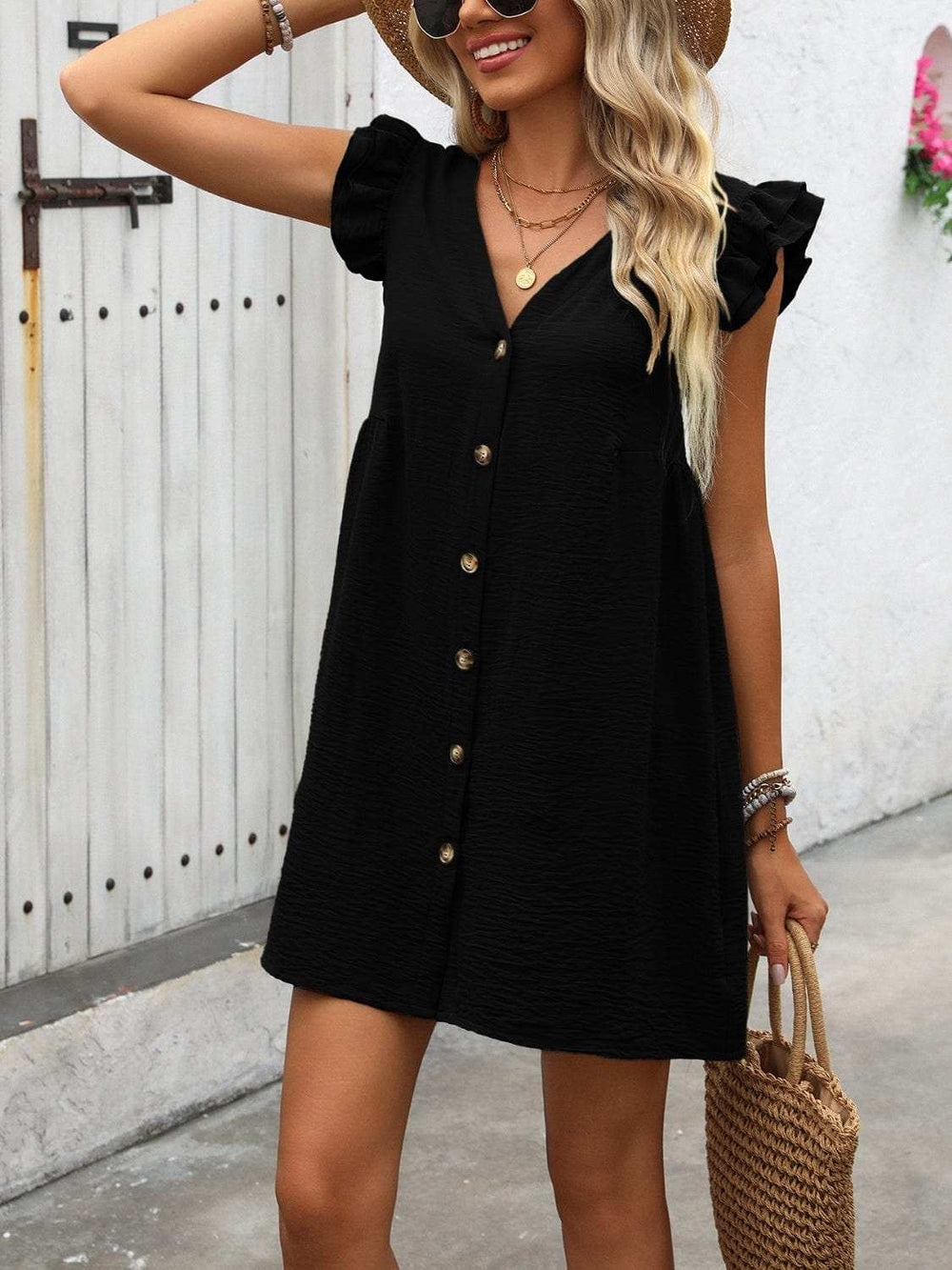 Button Up V-Neck Cap Sleeve Mini Dress - Trendsi - Flyclothing LLC
