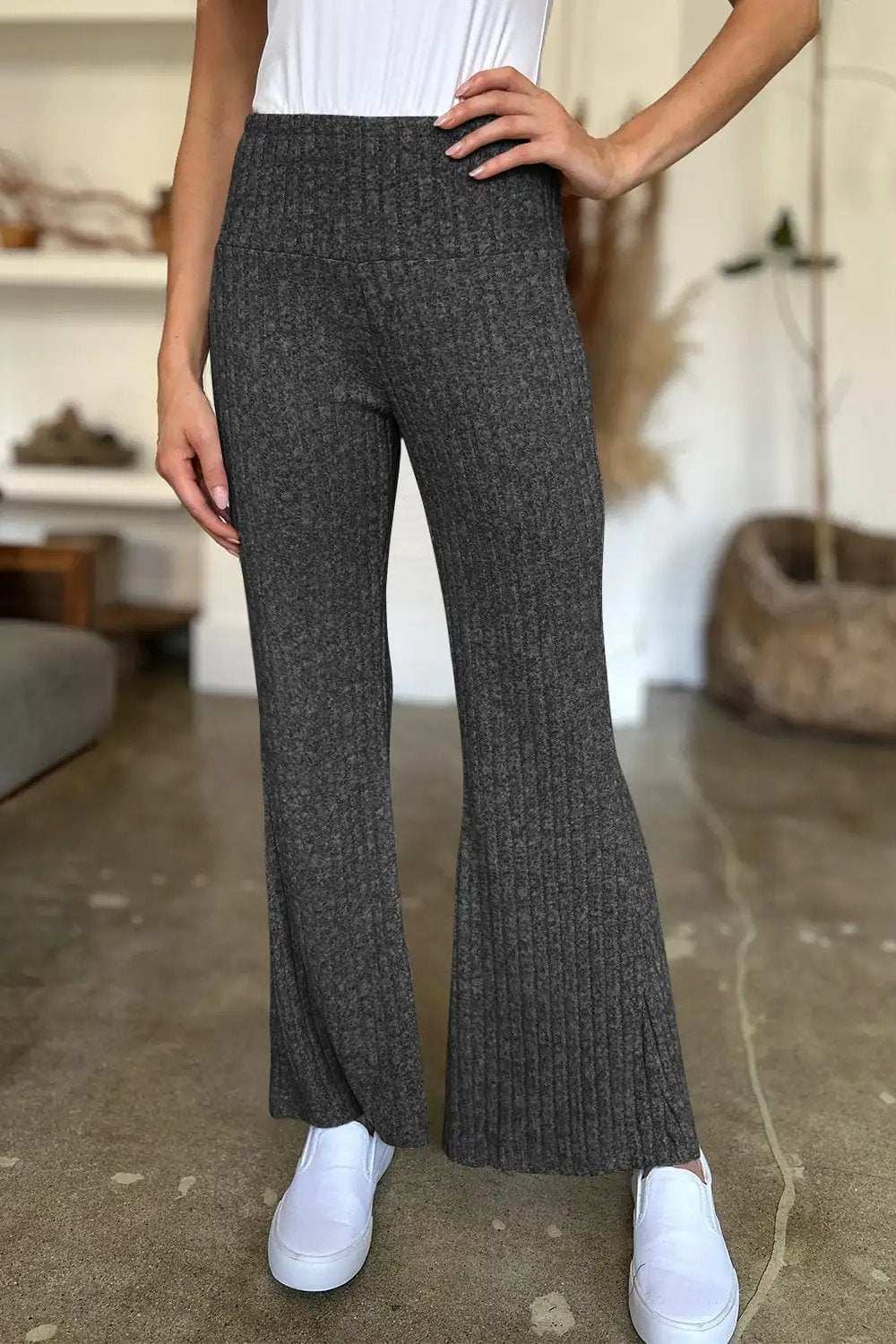 Ribbed High Waist Flare Pants - Trendsi - Flyclothing LLC