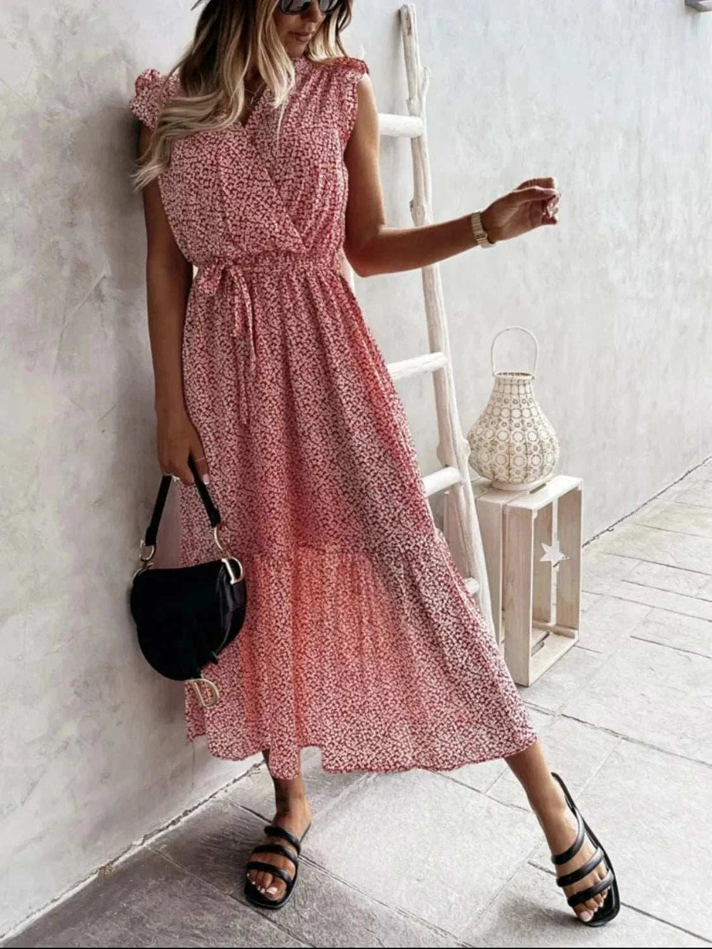 Ruffled Surplice Printed Cap Sleeve Dress - Trendsi - Flyclothing LLC