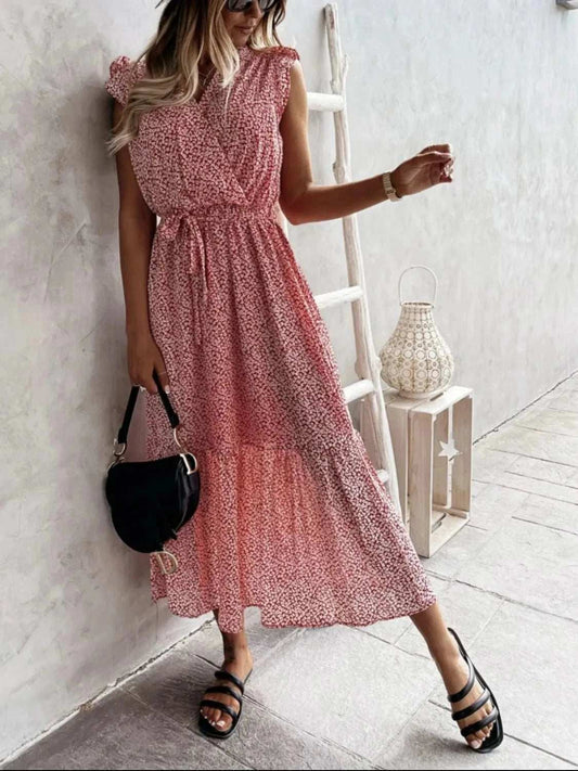 Ruffled Surplice Printed Cap Sleeve Dress - Trendsi - Flyclothing LLC