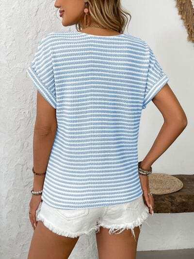 Striped V-Neck Short Sleeve T-Shirt - Trendsi - Flyclothing LLC