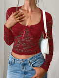 Devine Scoop Neck Long Sleeve Lace Top - Trendsi - Flyclothing LLC