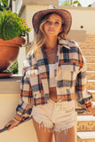 BiBi Brushed Plaid Crop Jacket with Pockets - Trendsi - Flyclothing LLC
