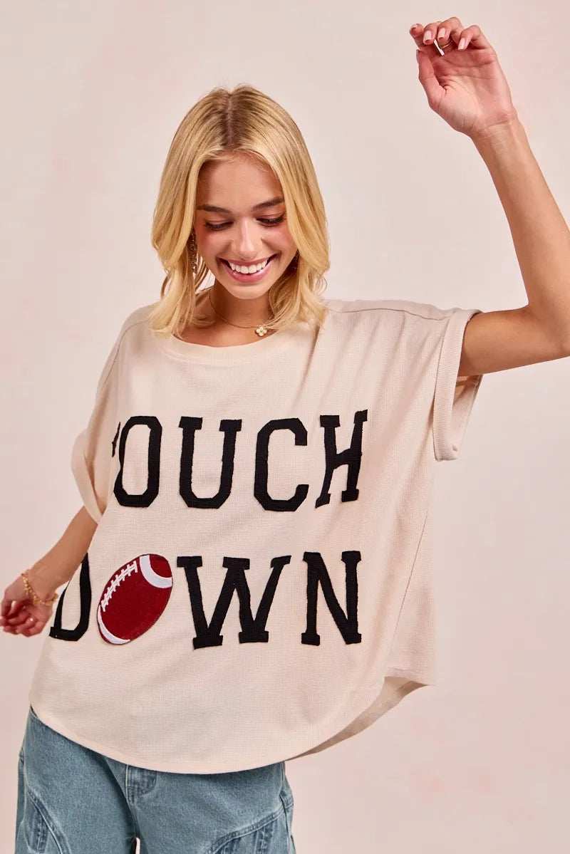 BiBi Game Day Touchdown Letter Patches Waffle Short Top - Trendsi - Flyclothing LLC