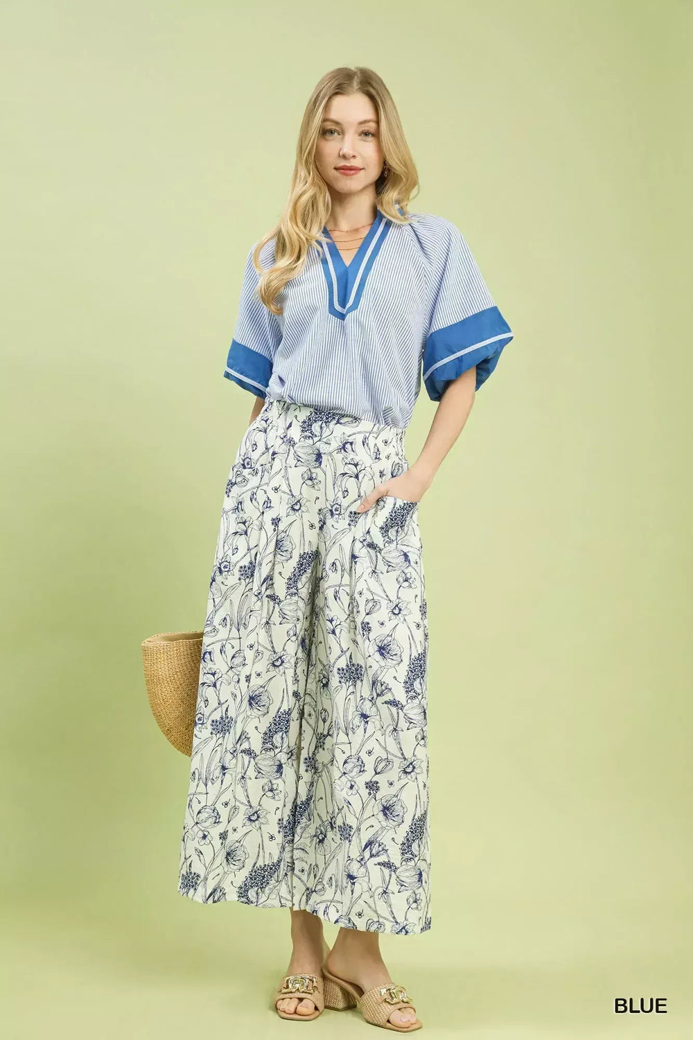 Umgee Two Tone Floral Print Pants - Trendsi - Flyclothing LLC