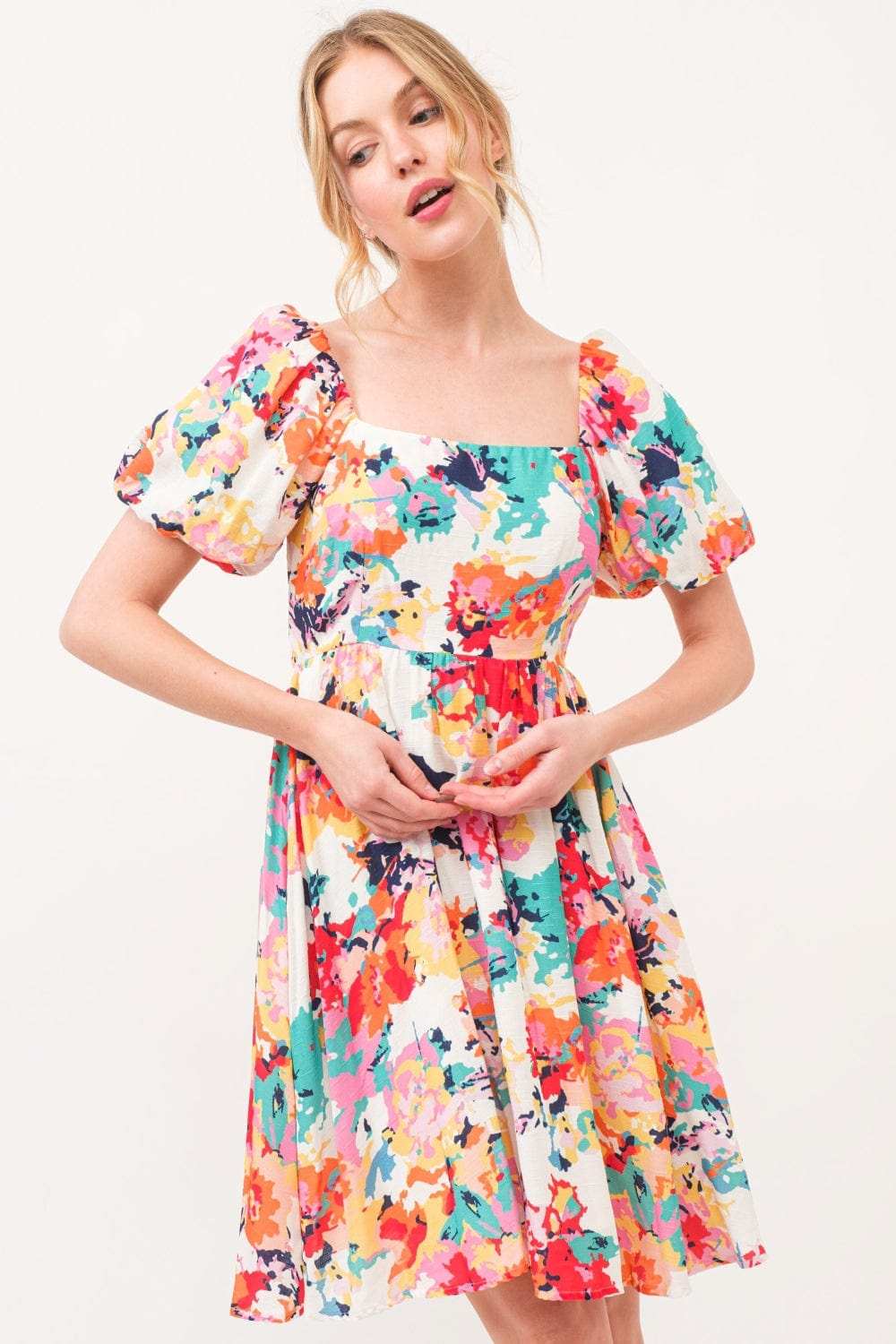 And The Why Square Neck Puff Sleeve Floral Dress - Trendsi - Flyclothing LLC