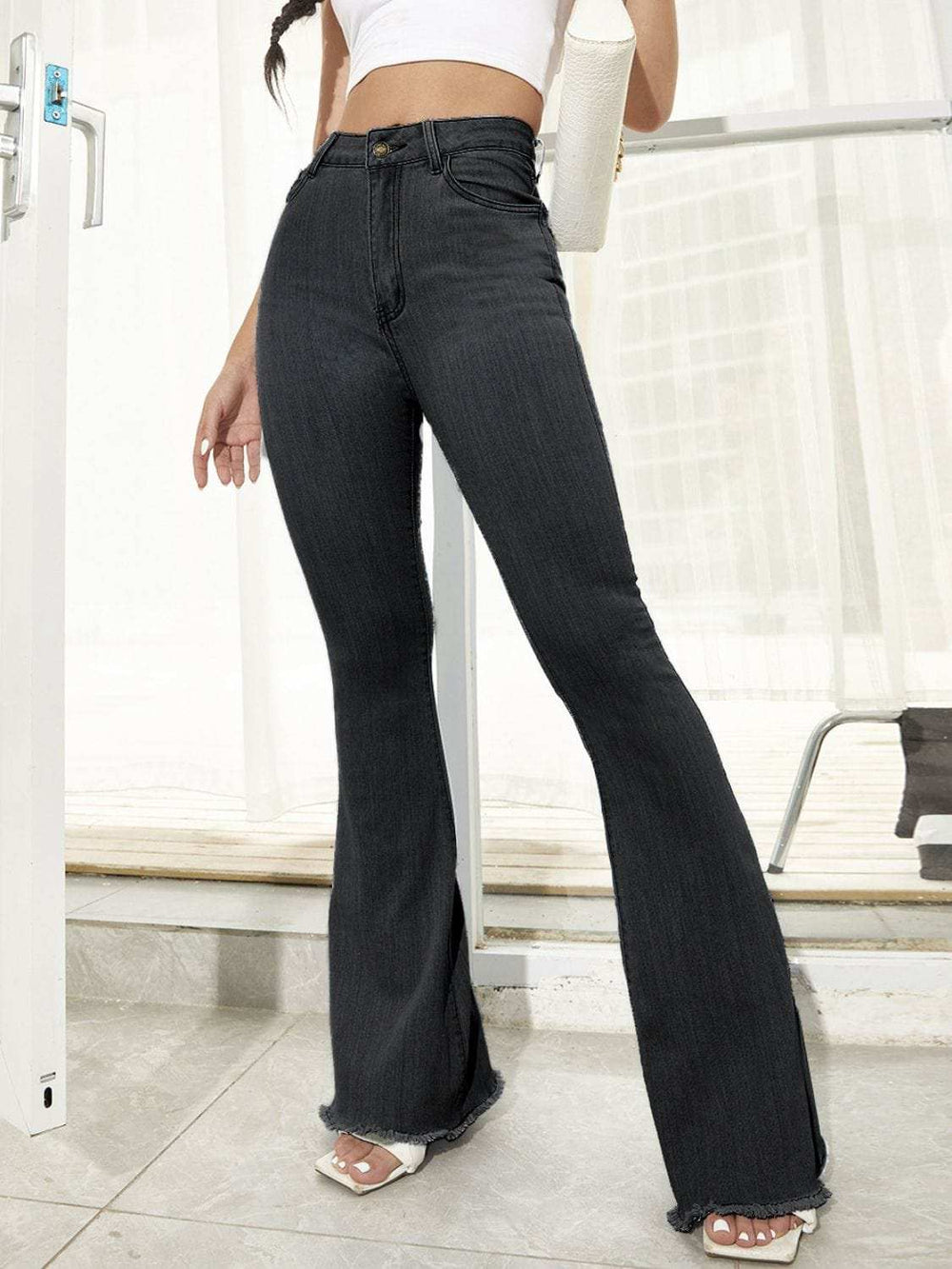 Raw Hem High Waist Flare Jeans - Trendsi - Flyclothing LLC