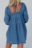 Tied Square Neck Long Sleeve Denim Dress with Pockets - Trendsi - Flyclothing LLC