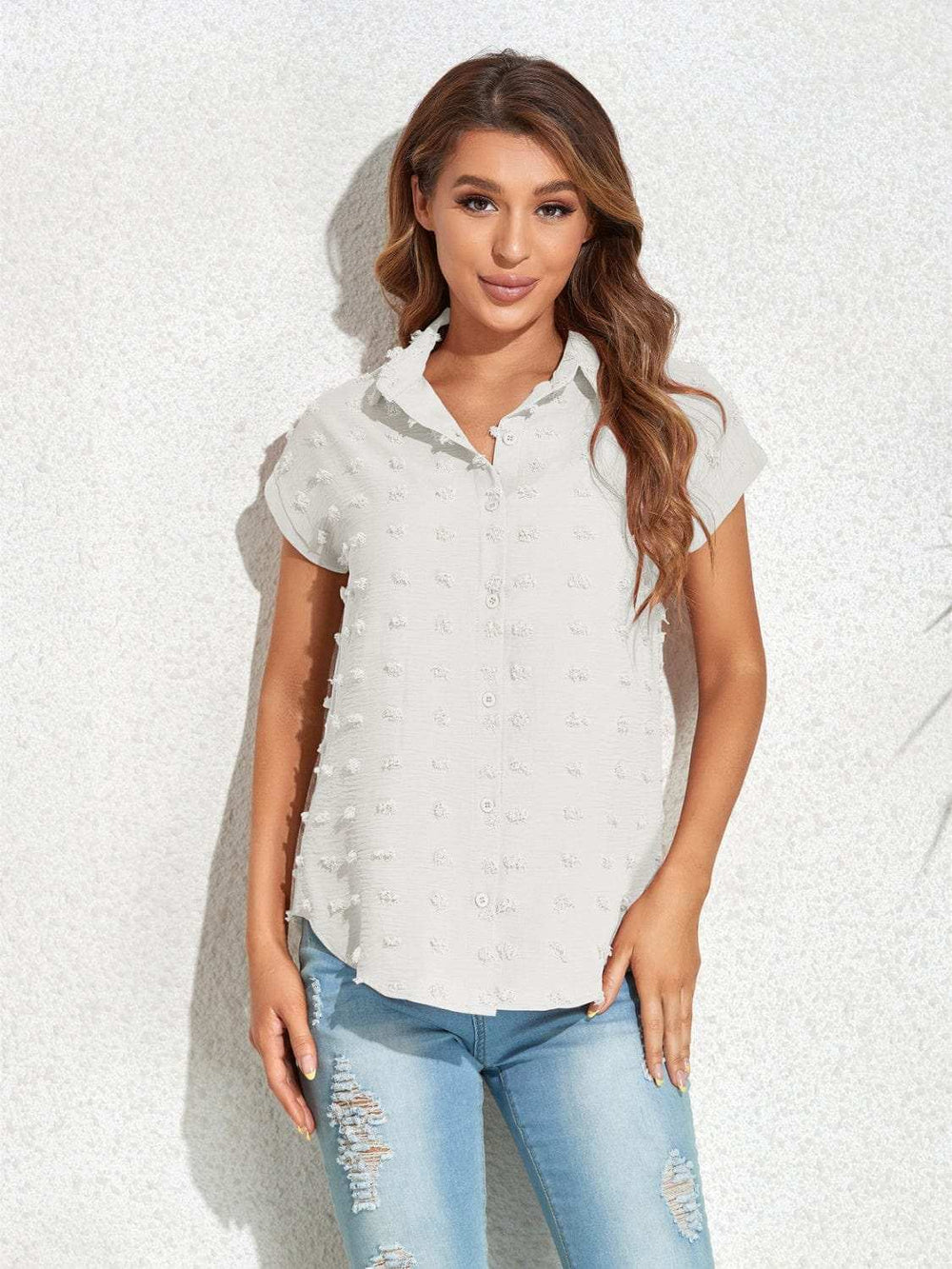 Swiss Dot Button Up Cap Sleeve Shirt - Trendsi - Flyclothing LLC