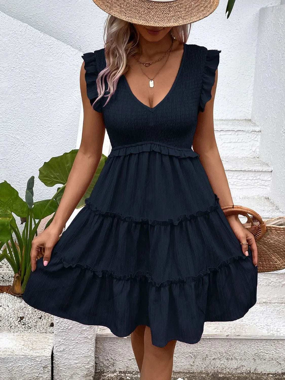 Ruffled V-Neck Cap Sleeve Dress - Trendsi - Flyclothing LLC
