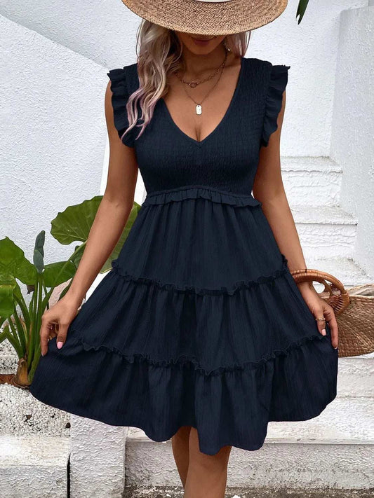Ruffled V-Neck Cap Sleeve Dress - Trendsi - Flyclothing LLC