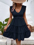 Ruffled V-Neck Cap Sleeve Dress - Trendsi - Flyclothing LLC