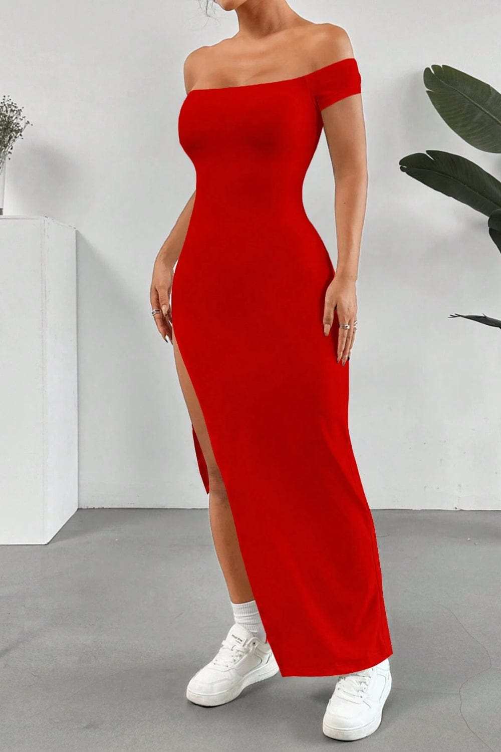 Off Shoulder Slit Maxi Dress - Trendsi - Flyclothing LLC