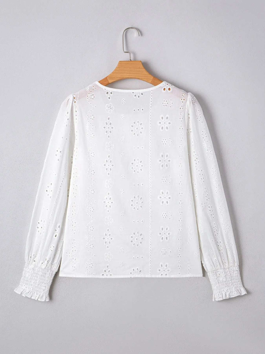 Eyelet Long Sleeve Blouse with Elastic Cuffs - Trendsi - Flyclothing LLC