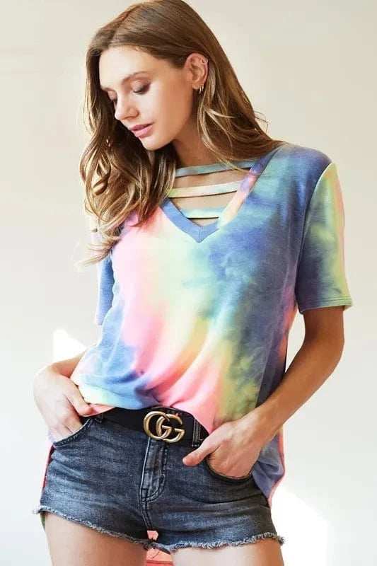 BiBi Tie-Dye V-Neck Short Sleeve T-Shirt - Trendsi - Flyclothing LLC