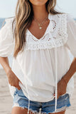 Lace Patchwork Tie Neck Short Sleeve Blouse - Trendsi - Flyclothing LLC