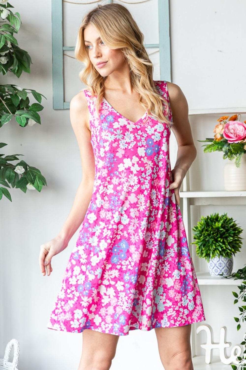 Heimish Full Size Floral V-Neck Tank Dress with Pockets - Trendsi - Flyclothing LLC