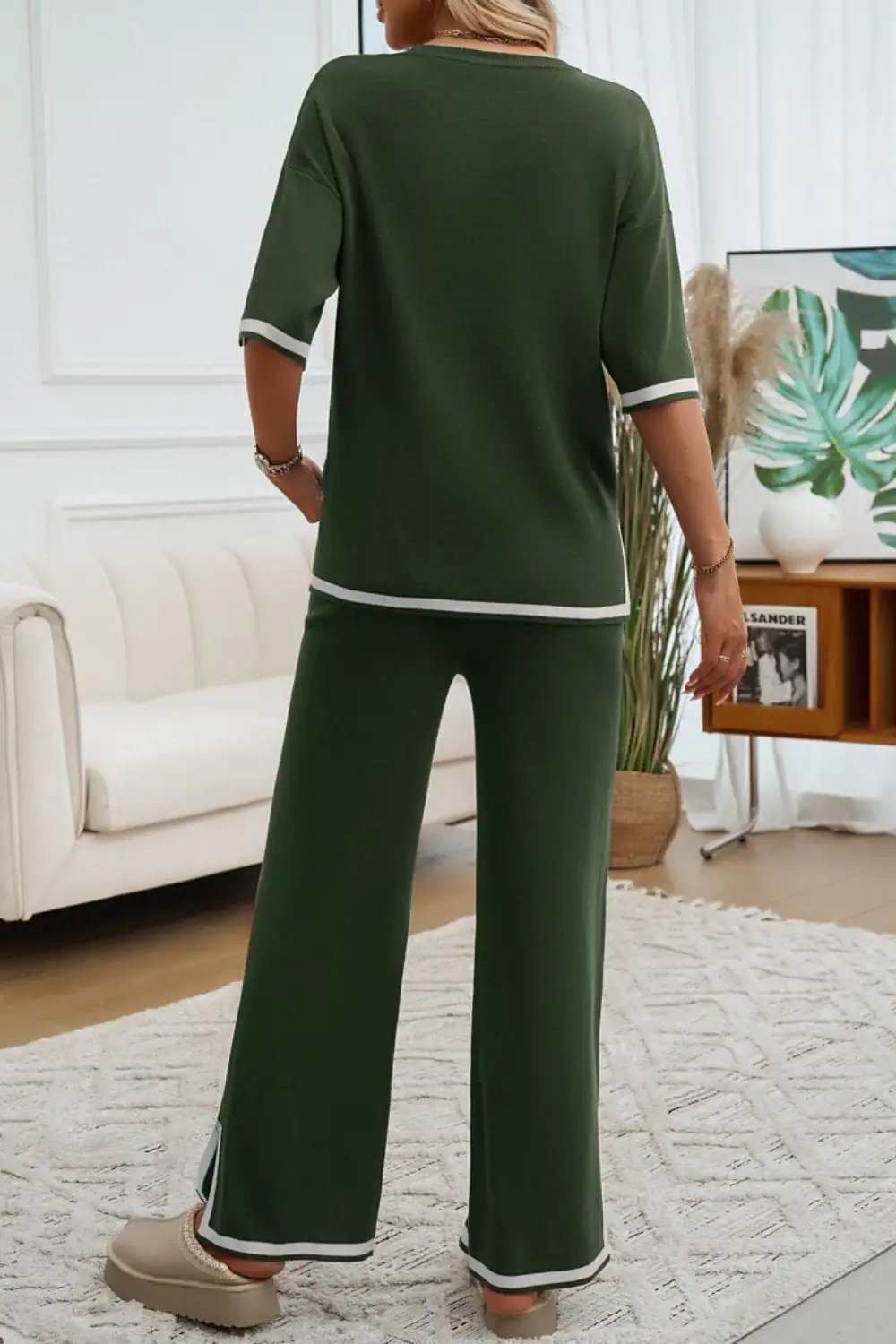 Devine Contrast Trim Half Sleeve Top and Pants Set - Trendsi - Flyclothing LLC