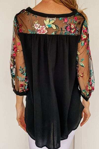 Floral Embroidered Sleeve Round Neck Blouse - Trendsi - Flyclothing LLC
