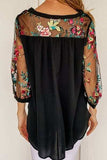 Floral Embroidered Sleeve Round Neck Blouse - Trendsi - Flyclothing LLC