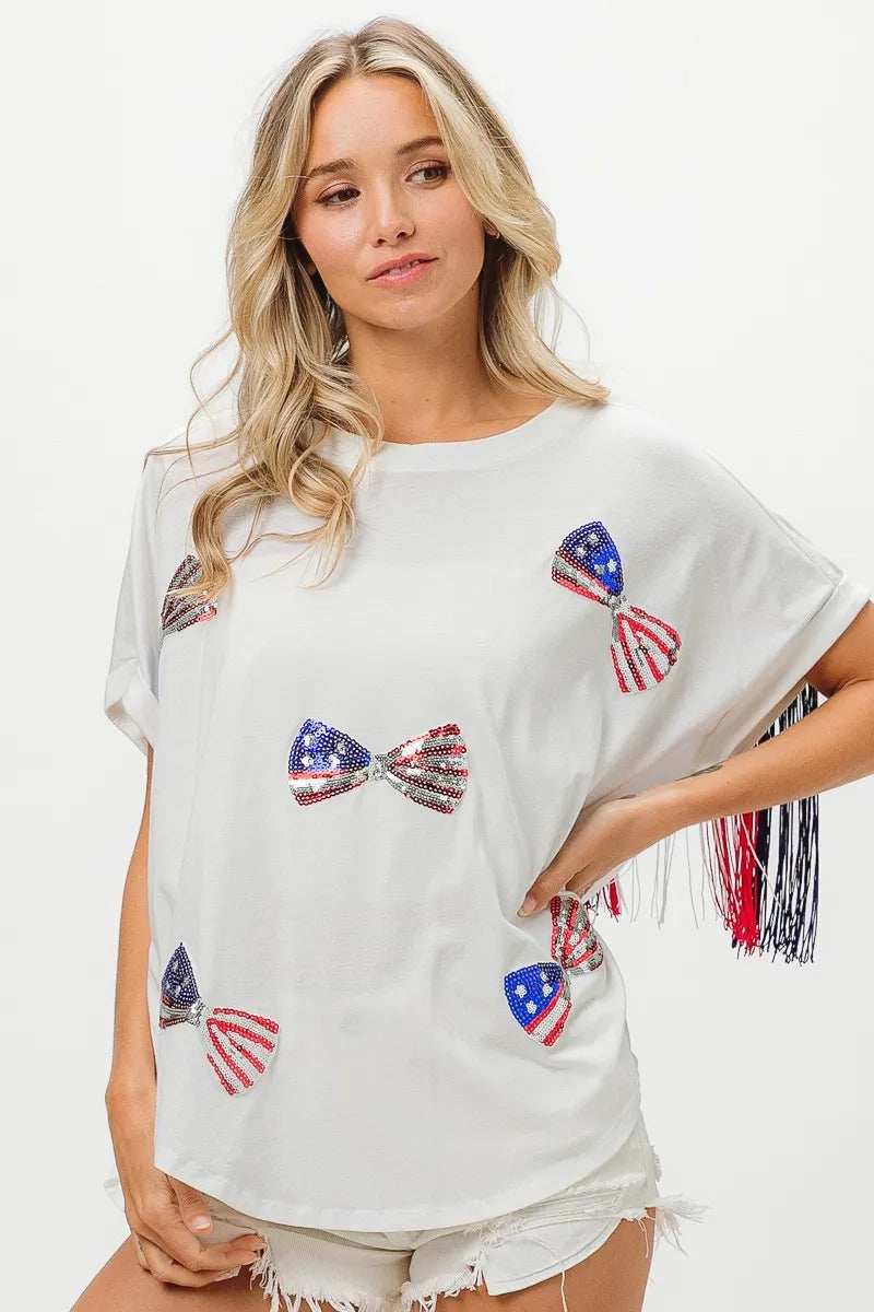 BiBi American Flag Sequin Ribbon T-Shirt - Trendsi - Flyclothing LLC