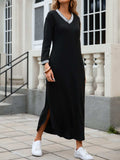 Slit V-Neck Long Sleeve Midi Dress - Trendsi - Flyclothing LLC