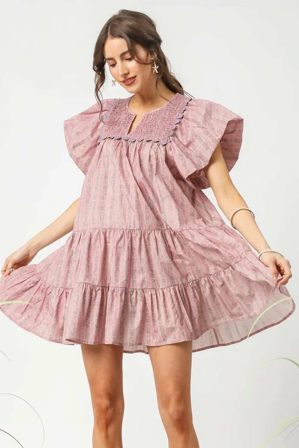 Umgee Floral Ruffled Cap Sleeve Tiered Mini Dress - Trendsi - Flyclothing LLC