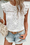 Eyelet Round Neck Cap Sleeve Blouse - Trendsi - Flyclothing LLC