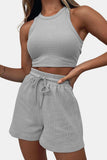 Round Neck Top and Drawstring Shorts Set - Trendsi - Flyclothing LLC