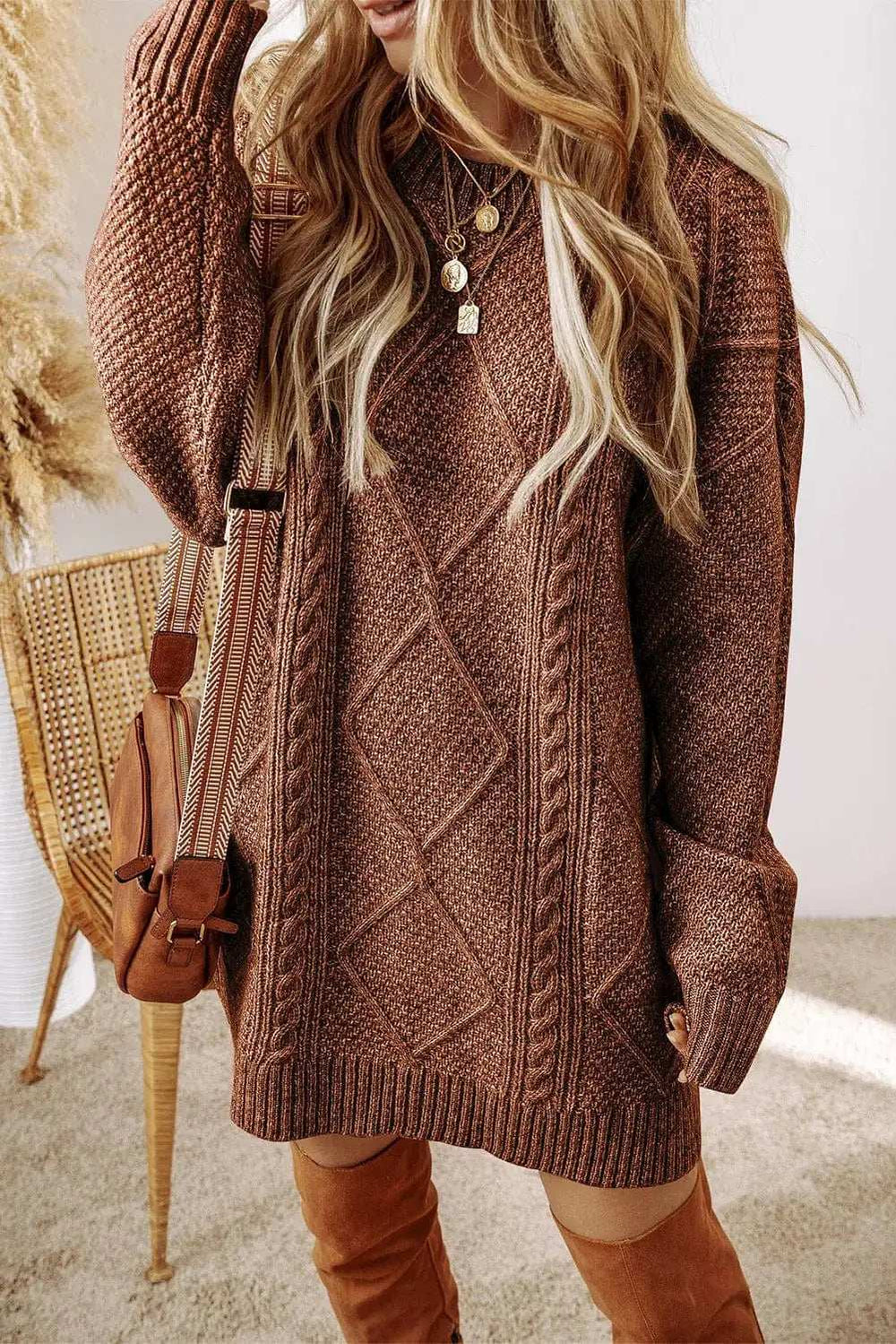 Cable-Knit Round Neck Sweater Dress - Trendsi - Flyclothing LLC
