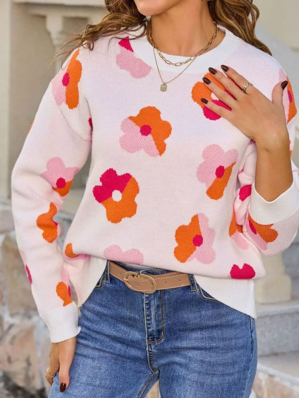 Floral Crew Neck Long Sleeve Sweater - Trendsi - Flyclothing LLC