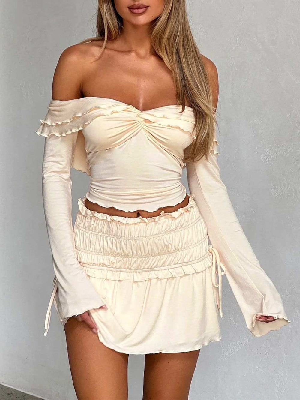 Devine Twisted Ruffled Off-Shoulder Long Sleeve T-Shirt - Trendsi - Flyclothing LLC