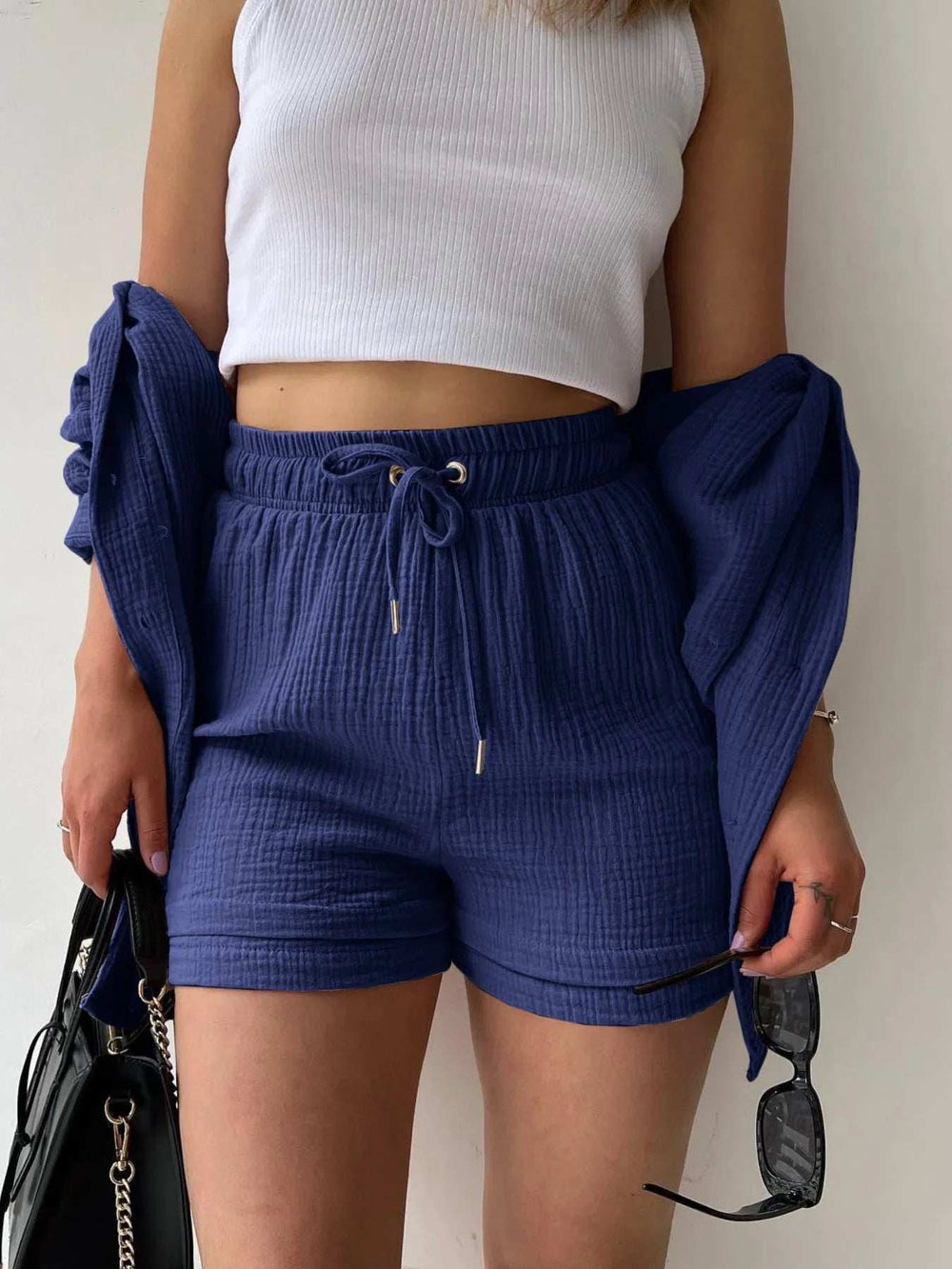 Textured Button Up Shirt and Shorts Set - Trendsi - Flyclothing LLC