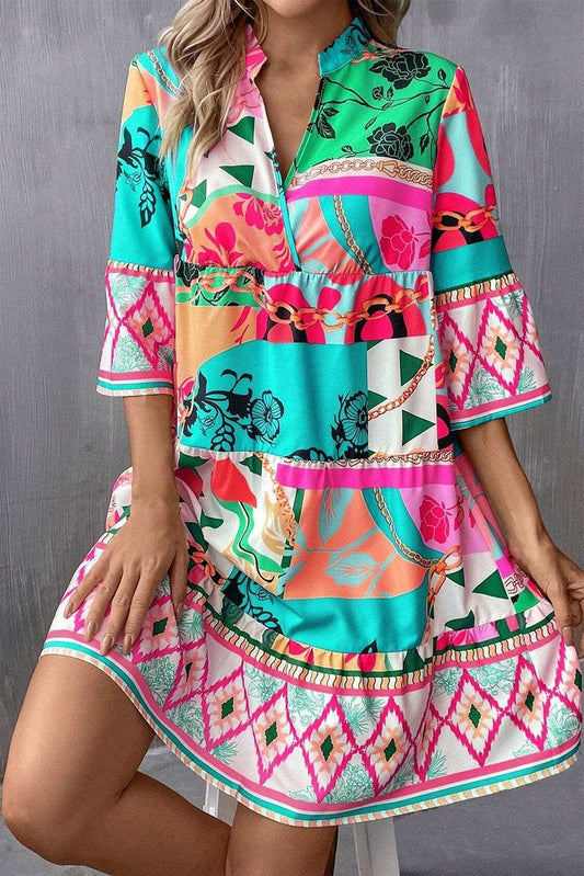 Printed Surplice Half Sleeve Mini Dress - Trendsi - Flyclothing LLC