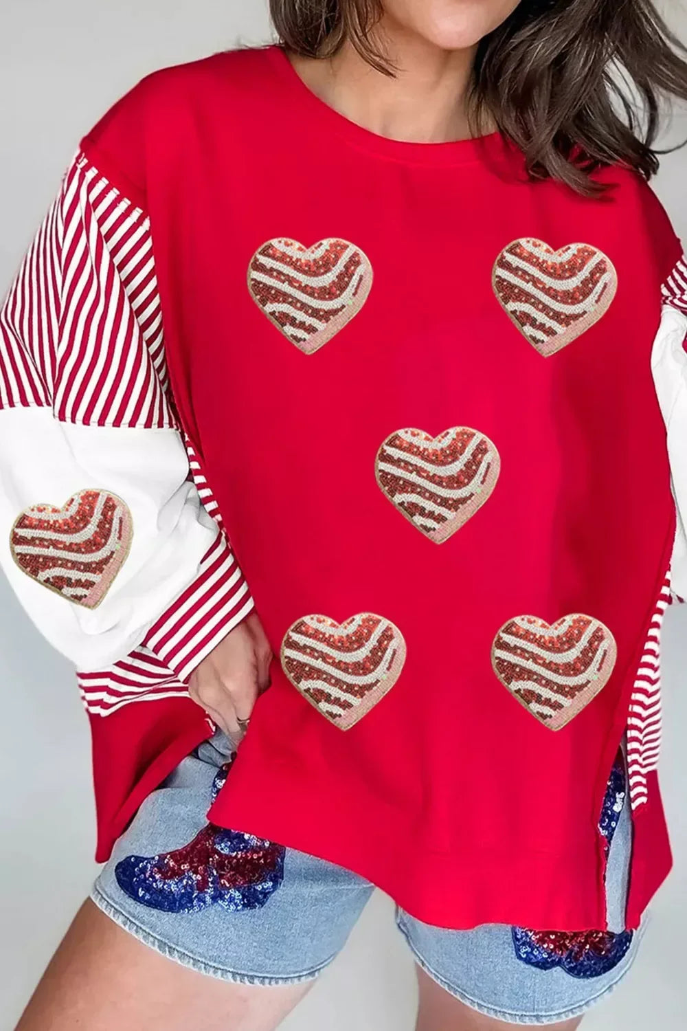 Color Block Striped Patchwork Valentines Day Sequin Heart Graphic Sweatshirt - Trendsi - Flyclothing LLC