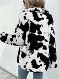 Cow Print Collared Neck Button Up Fuzzy Jacket - Trendsi - Flyclothing LLC