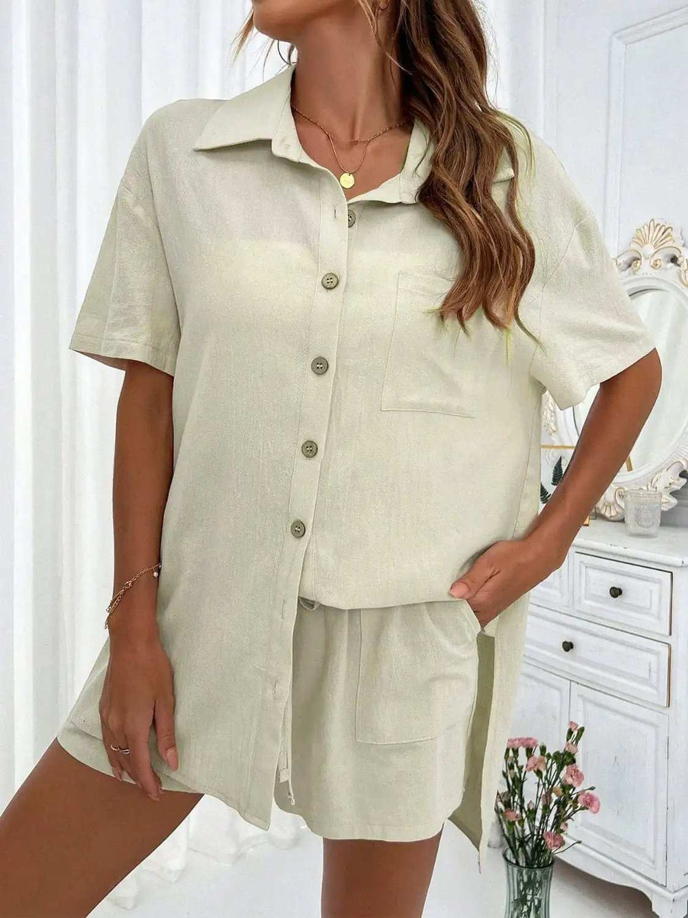 Button Up Half Sleeve Top and Shorts Set - Trendsi - Flyclothing LLC