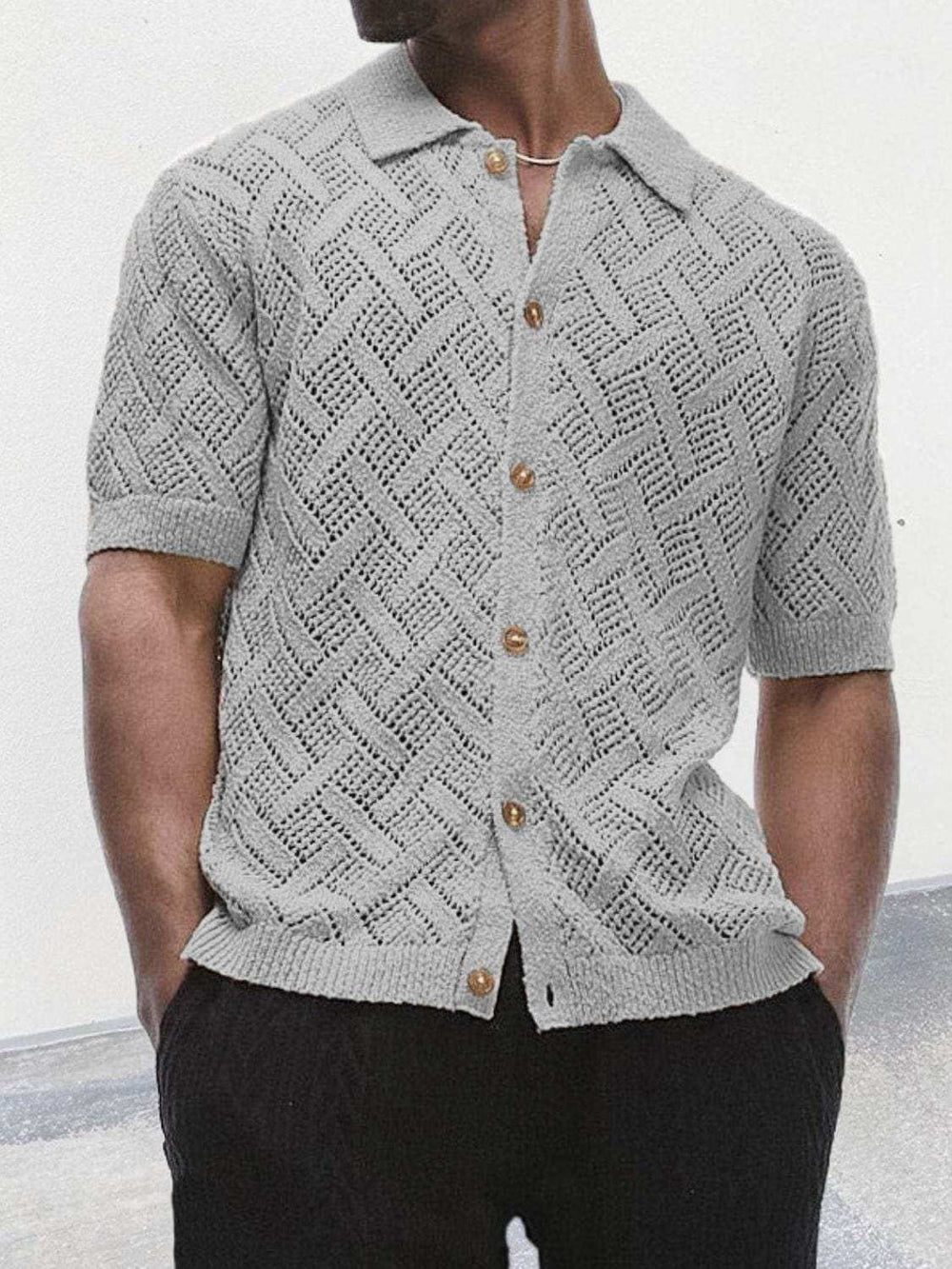 Men's Button Down Collared Neck Eyelet Knit Shirt - Trendsi - Flyclothing LLC