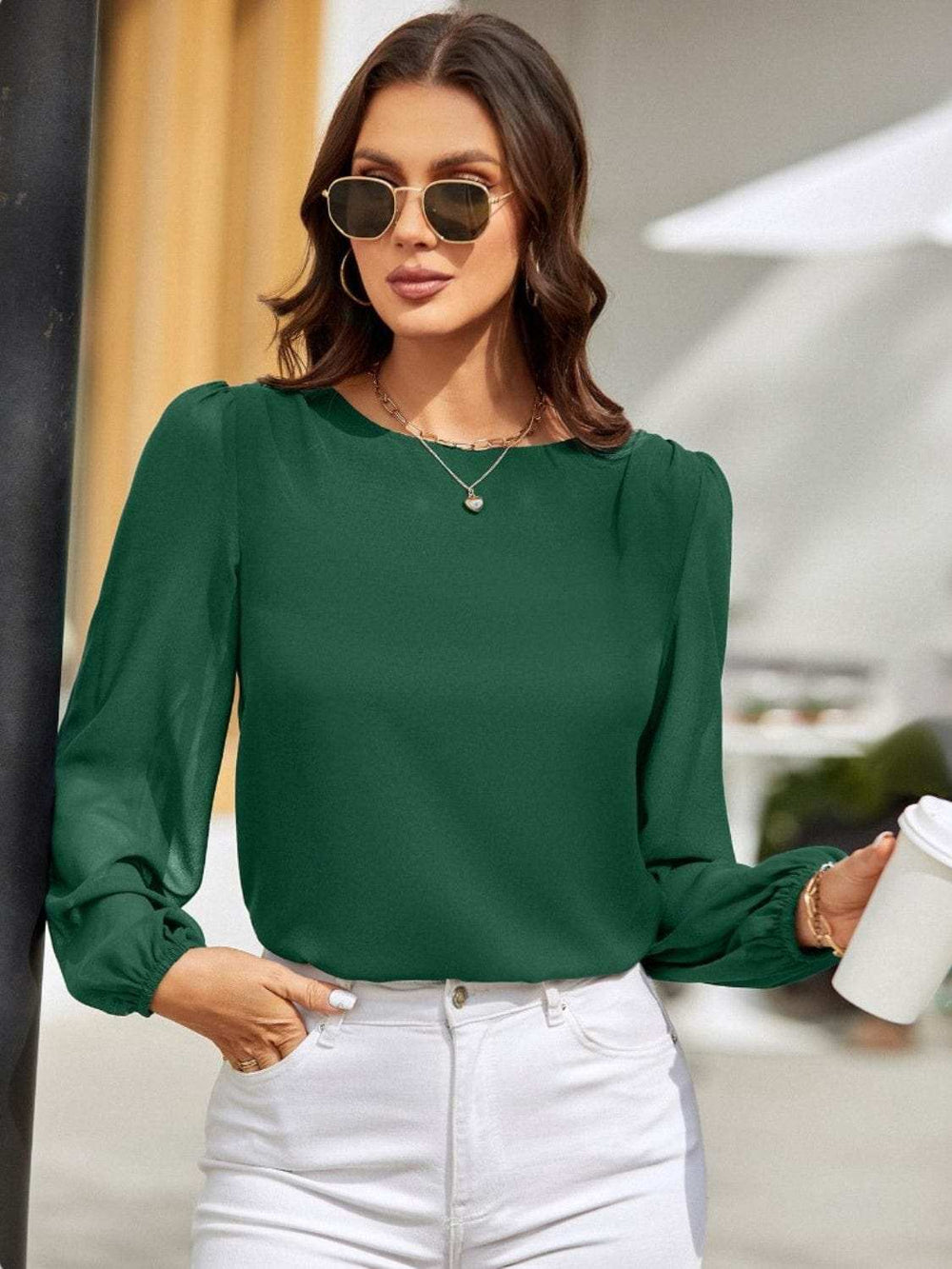 Round Neck Long Sleeve Blouse - Trendsi - Flyclothing LLC