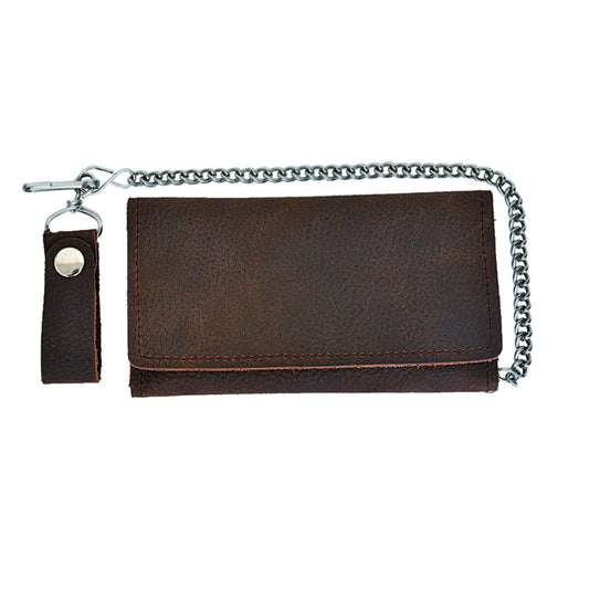 Brown Trifold Snap Closure Biker Long Chain Wallet - Unik Just for Bikers - Flyclothing LLC