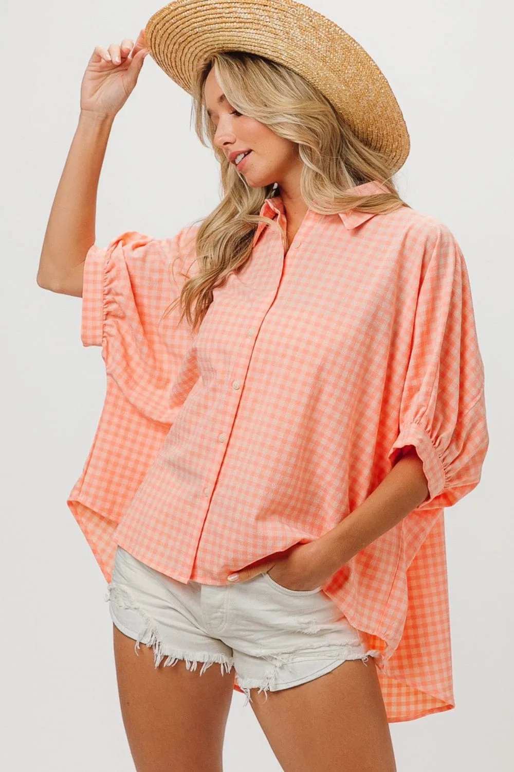 BiBi Plaid Button Up Dolman Sleeve Shirt - Trendsi - Flyclothing LLC