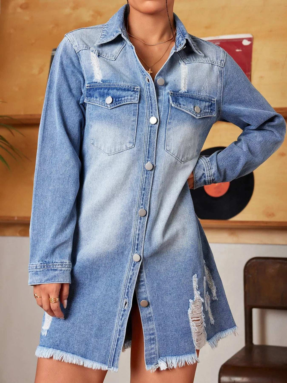 Distressed Raw Hem Denim Mini Dress - Trendsi - Flyclothing LLC