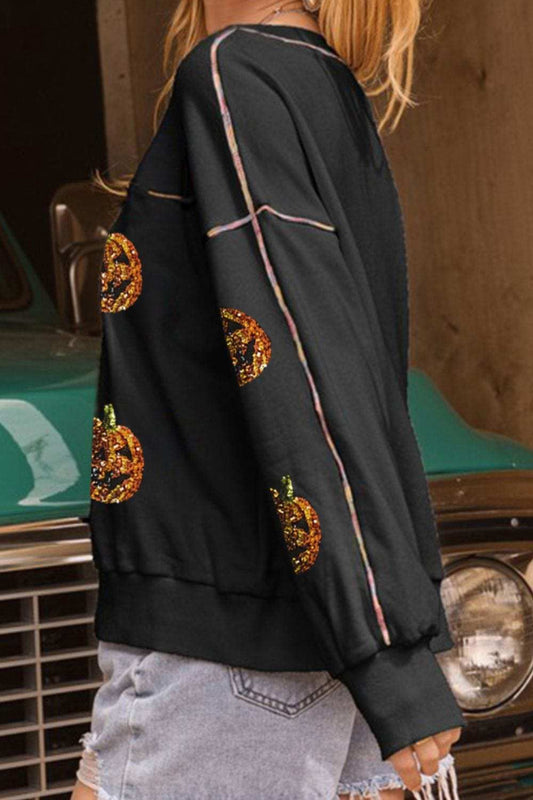 Sequin Pumpkin Round Neck Long Sleeve Sweatshirt - Trendsi - Flyclothing LLC